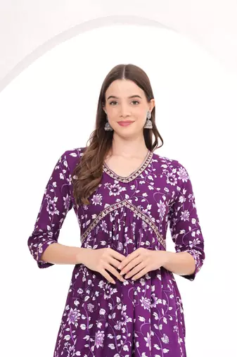 Naira Cut Rayon Jaipuri Printed Purple Kurti Set