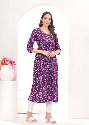 Naira Cut Rayon Jaipuri Printed Purple Kurti Set 3