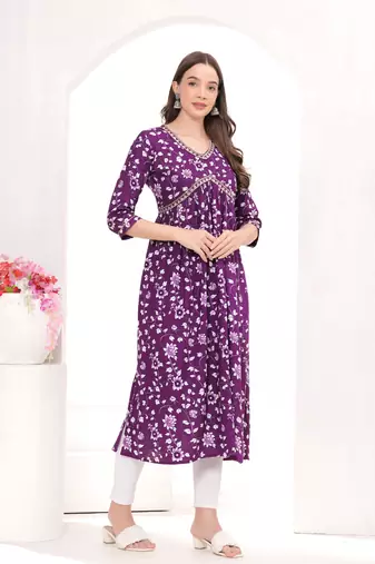 Naira Cut Rayon Jaipuri Printed Purple Kurti Set
