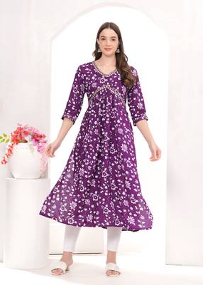 Naira Cut Rayon Jaipuri Printed Purple Kurti Set 4