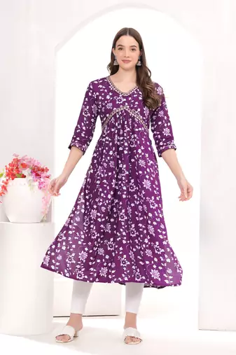 Naira Cut Rayon Jaipuri Printed Purple Kurti Set