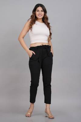 Women'S Black Lycra Regular Fit Trouser Pants 1
