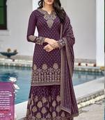Heavy georgette party wear semi stitch plazo suit in violet color with embroidery work