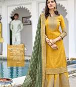 Heavy georgette party wear semi stitch plazo suit in yellow color with embroidery work
