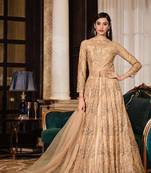 Soft premium net wedding wear semi stitch gown in golden color with embroidery