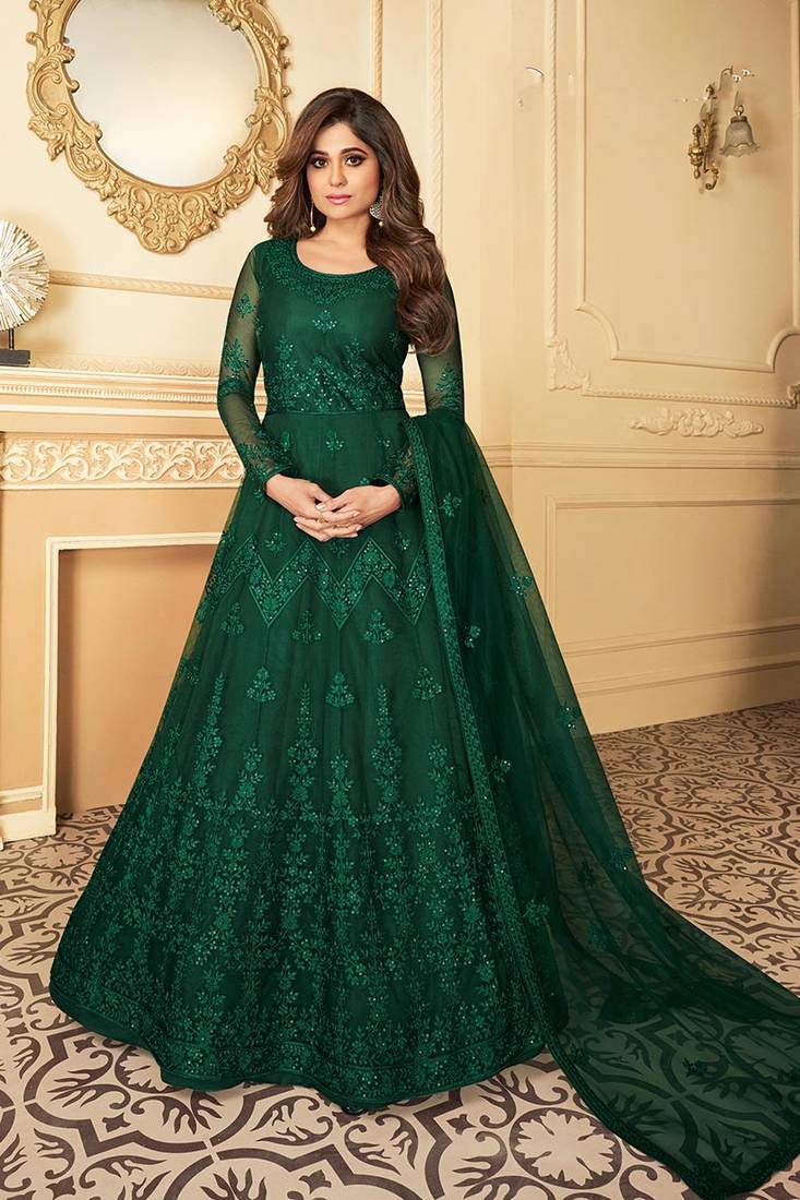Butterfly net fabrics party wear semi stitch gown in green color with  embroidery work - survauttam Fashion - 4369711