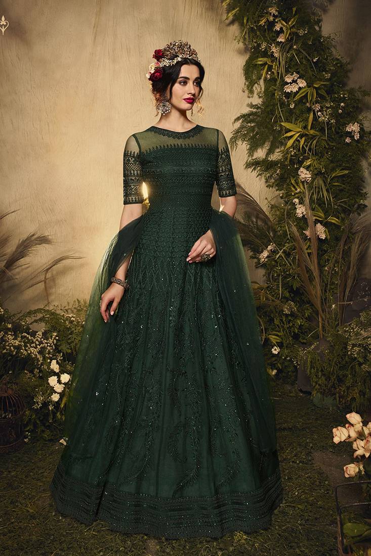 green emerald velvet dress Peony Floral Embroidered Wedding Dress Corset top Fit & Flare body main image 1