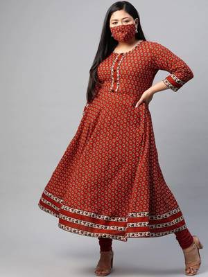 Women'S Plus Size Cotton Floral Print Anarkali Kurta 1