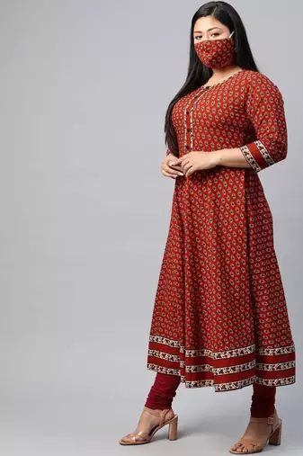 Women'S Plus Size Cotton Floral Print Anarkali Kurta