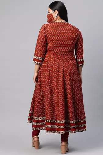 Women'S Plus Size Cotton Floral Print Anarkali Kurta