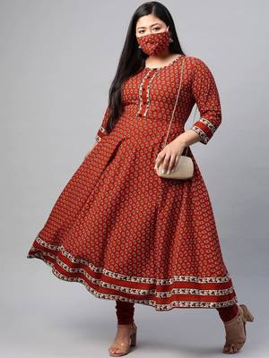 Women'S Plus Size Cotton Floral Print Anarkali Kurta 5