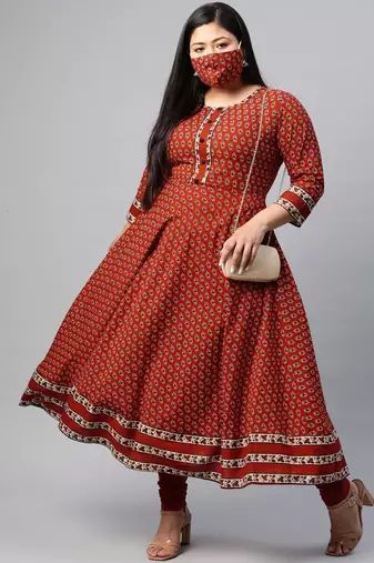 Women'S Plus Size Cotton Floral Print Anarkali Kurta
