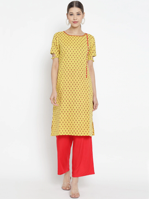 Women'S Floral Printed Straight Kurta With Red Palazzo (Yellow) 1
