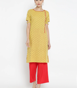 Women'S Floral Printed Straight Kurta With Red Palazzo (Yellow)