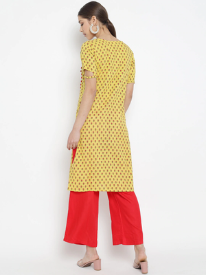 Women'S Floral Printed Straight Kurta With Red Palazzo (Yellow) 2