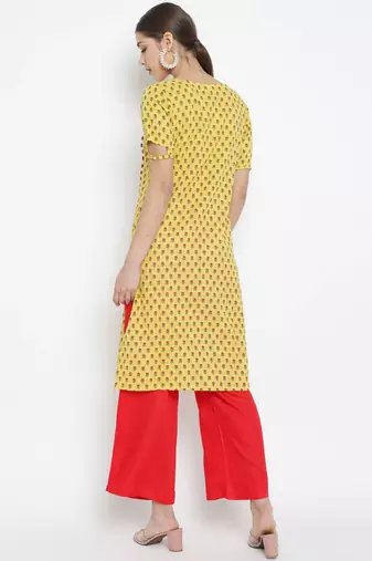 Women'S Floral Printed Straight Kurta With Red Palazzo (Yellow)