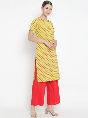 Women'S Floral Printed Straight Kurta With Red Palazzo (Yellow) 3