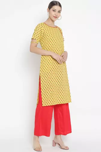 Women'S Floral Printed Straight Kurta With Red Palazzo (Yellow)