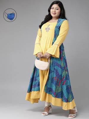 Women'S Plus Size Rayon Geometric Print Embroidered Anarkali Kurta 1