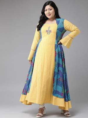Women'S Plus Size Rayon Geometric Print Embroidered Anarkali Kurta 3
