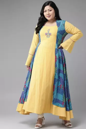 Women'S Plus Size Rayon Geometric Print Embroidered Anarkali Kurta