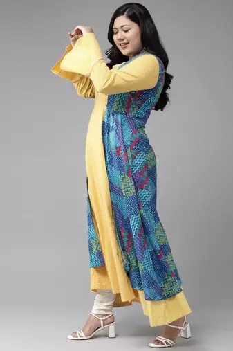 Women'S Plus Size Rayon Geometric Print Embroidered Anarkali Kurta
