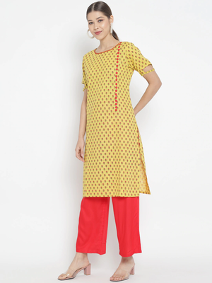Women'S Floral Printed Straight Kurta With Red Palazzo (Yellow) 4