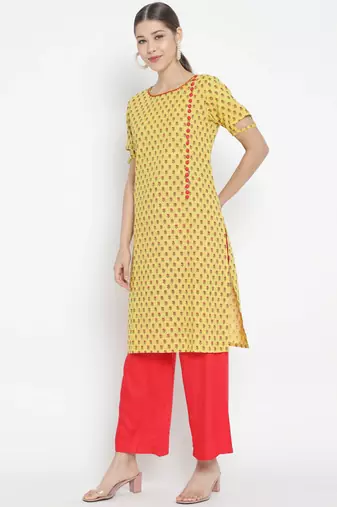 Women'S Floral Printed Straight Kurta With Red Palazzo (Yellow)