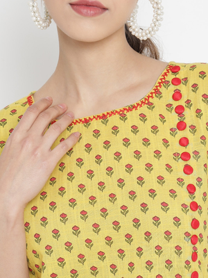 Women'S Floral Printed Straight Kurta With Red Palazzo (Yellow) 5