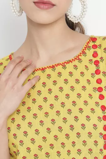 Women'S Floral Printed Straight Kurta With Red Palazzo (Yellow)