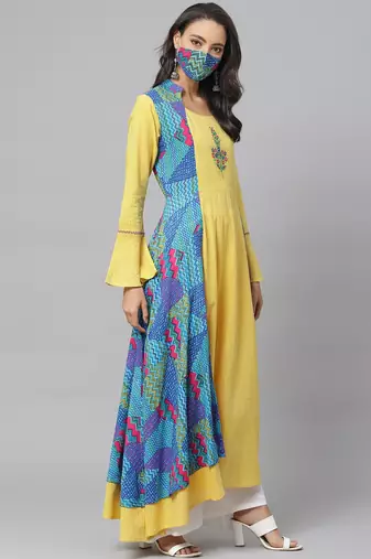 Women'S Rayon Geometric Print Embroidered Anarkali Kurta