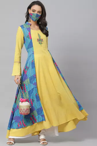 Women'S Rayon Geometric Print Embroidered Anarkali Kurta