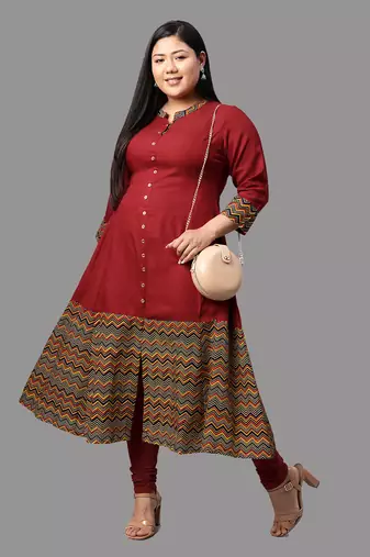 Women'S Plus Size Rayon & Cotton Cambric Zig-Zag Printed A-Line Kurta