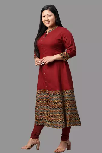 Women'S Plus Size Rayon & Cotton Cambric Zig-Zag Printed A-Line Kurta