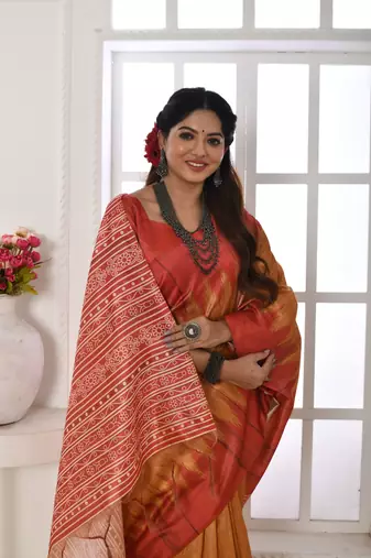 Yellow Soft Tussar silk blend Printed Saree Festive Wear