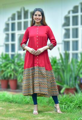 Women'S Rayon & Cotton Cambric Zig-Zag Printed A-Line Kurta 1