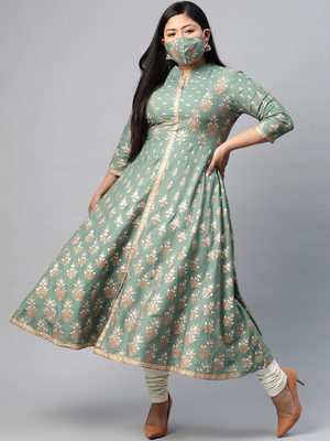 Women'S Plus Size Rayon Floral Printed Anarkali Kurta 1