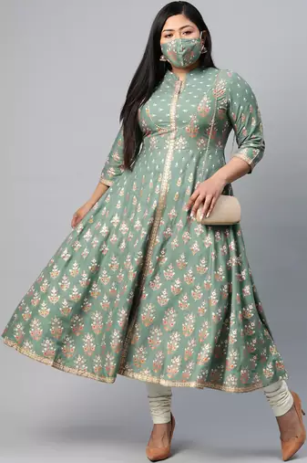 Women'S Plus Size Rayon Floral Printed Anarkali Kurta