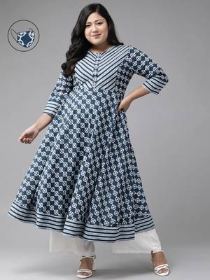 Women'S Plus Size Cotton Floral Printed Anarkali Kurta 1