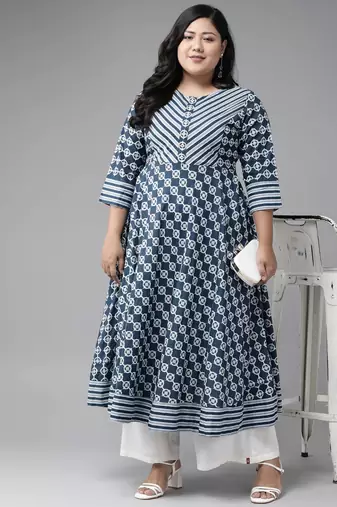 Women'S Plus Size Cotton Floral Printed Anarkali Kurta