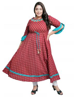 Women'S Plus Size Cotton Embroidered Ikat Printed Anarkali Kurta Dress (Maroon) 1