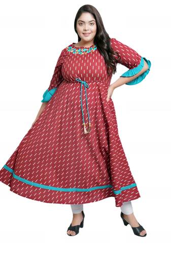 Women'S Plus Size Cotton Embroidered Ikat Printed Anarkali Kurta Dress (Maroon)