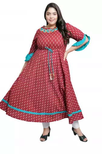 Women'S Plus Size Cotton Embroidered Ikat Printed Anarkali Kurta Dress (Maroon)