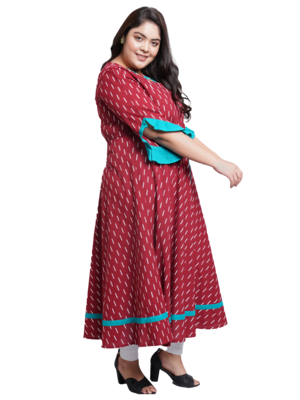 Women'S Plus Size Cotton Embroidered Ikat Printed Anarkali Kurta Dress (Maroon) 2