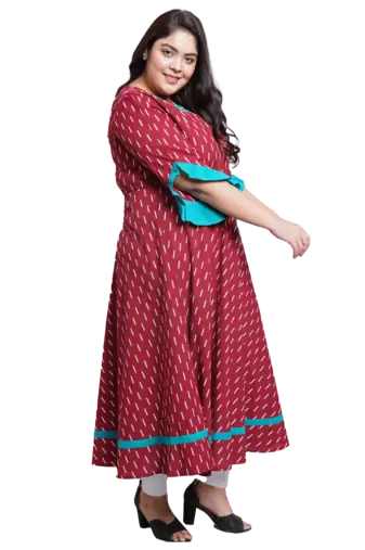 Women'S Plus Size Cotton Embroidered Ikat Printed Anarkali Kurta Dress (Maroon)