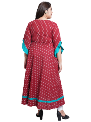 Women'S Plus Size Cotton Embroidered Ikat Printed Anarkali Kurta Dress (Maroon) 3