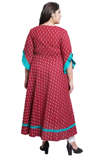 Women'S Plus Size Cotton Embroidered Ikat Printed Anarkali Kurta Dress (Maroon)