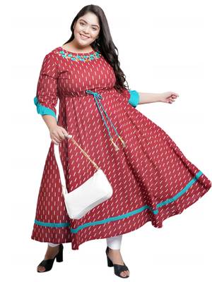 Women'S Plus Size Cotton Embroidered Ikat Printed Anarkali Kurta Dress (Maroon) 4