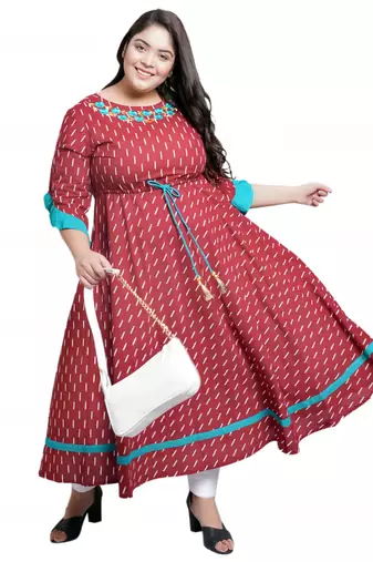 Women'S Plus Size Cotton Embroidered Ikat Printed Anarkali Kurta Dress (Maroon)