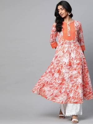 Women'S Cotton Tie & Dye Printed Anarkali Kurta (Orange) 1